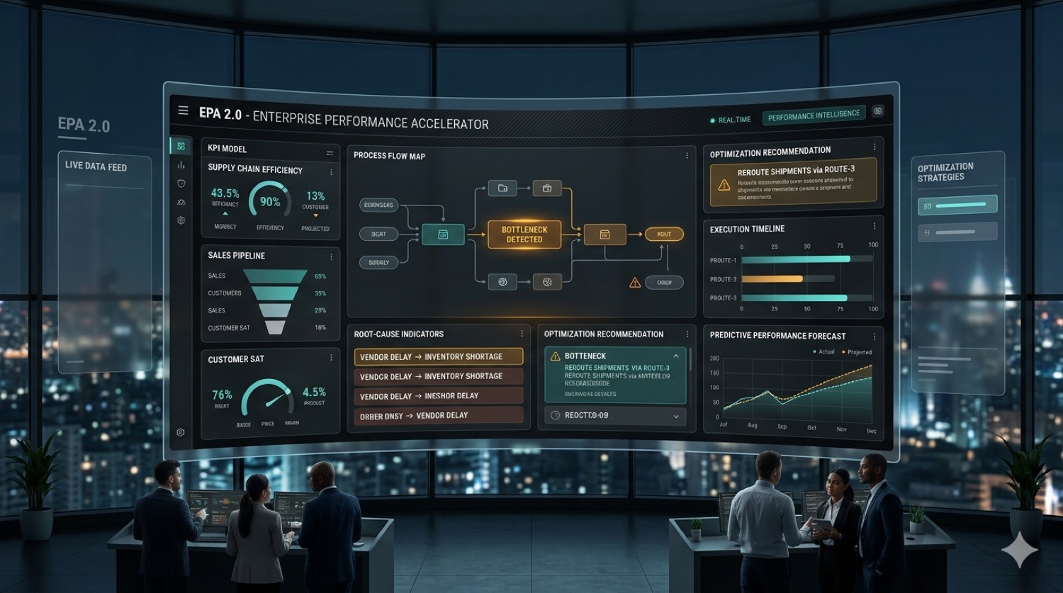 EPA 2.0 Enterprise Performance Accelerator: process flow, root-cause indicators, optimisation recommendations and a predictive performance forecast.