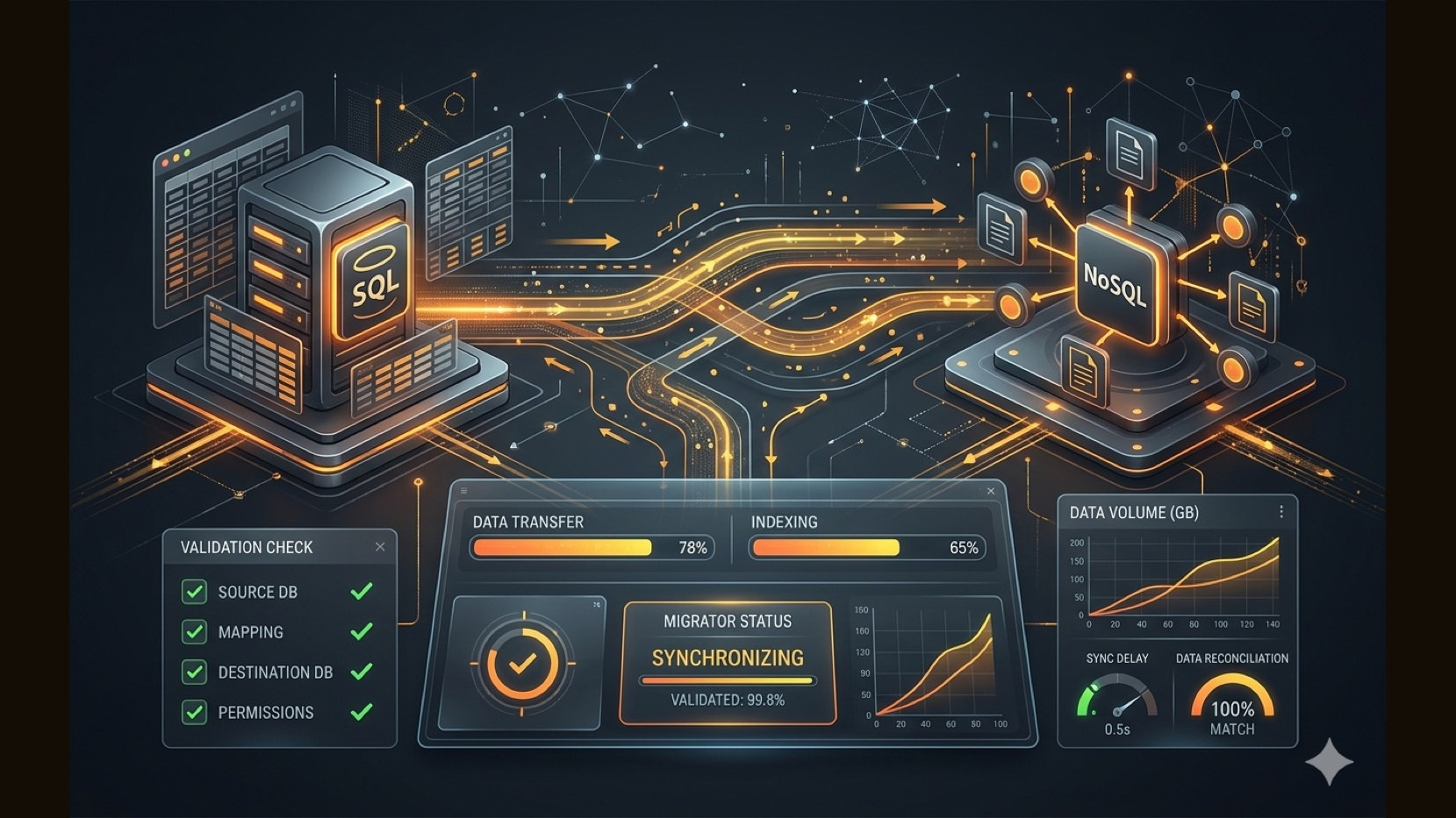 AIMA 2.0 Migrator moving records between SQL and NoSQL stores with live validation checks and reconciliation gauges.